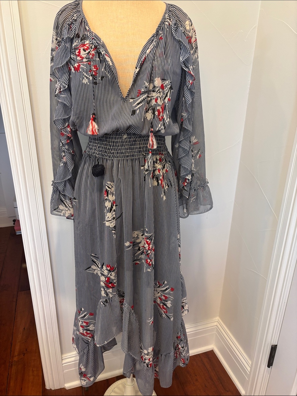 Misa Los Angeles Navy and White Striped Floral High-Low Maxi Dress
